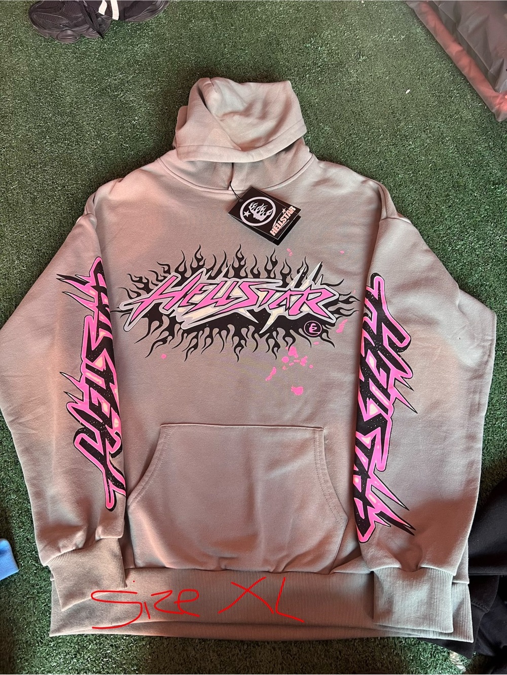 Hellstar Men's Graphic Hoodie Sweatshirt – Pink on Taupe, XL